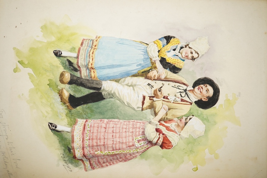 Charles Thomas Howard (1865-1942), a pair of original watercolours for postcard designs, Traditional Breton costume comprising; ‘Two strings to his bow’ and ‘The 4th Generation’, each signed, unframed, 27 x 18cm. Conditi